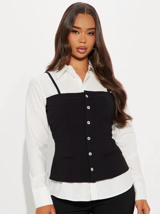 Fashion Nova Tops - Fashion Nova Black Bustier Top Over White Button-Down
